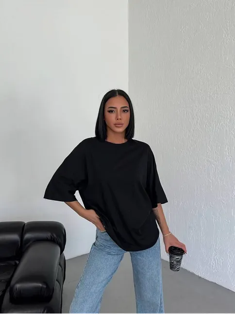 Kadın Düz T-shirt Kısa Kol Bisiklet Yaka Ovarsize Rahat Kalıp Günlük Tişört - Siyah