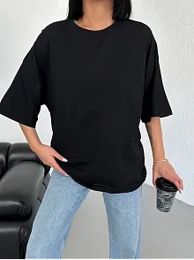 Kadın Düz T-shirt Kısa Kol Bisiklet Yaka Ovarsize Rahat Kalıp Günlük Tişört - Siyah