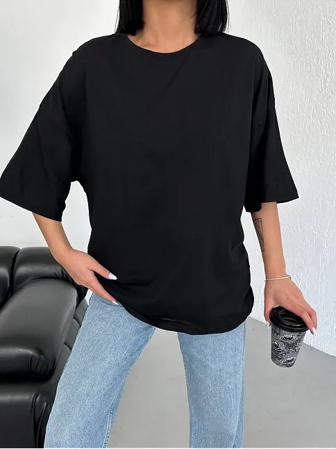 Kadın Düz T-shirt Kısa Kol Bisiklet Yaka Ovarsize Rahat Kalıp Günlük Tişört - Siyah