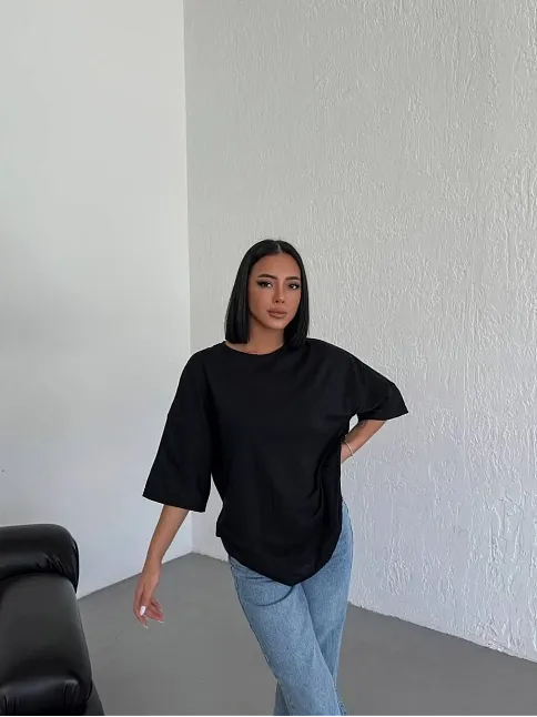 Kadın Düz T-shirt Kısa Kol Bisiklet Yaka Ovarsize Rahat Kalıp Günlük Tişört - Siyah