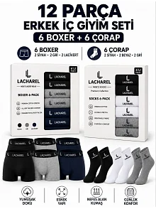 Erkek 12'li İç Giyim Seti Pamuklu 6 Boxer 6 Çorap Çoklu Paket - Siyah - Lacivert - Gri - Beyaz