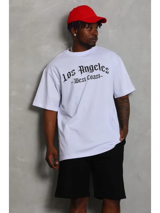 Unisex Oversize Baskılı Bisiklet Yaka T-Shirt - Beyaz Unisex Oversize Baskılı Bisiklet Yaka T-Shirt - Beyaz