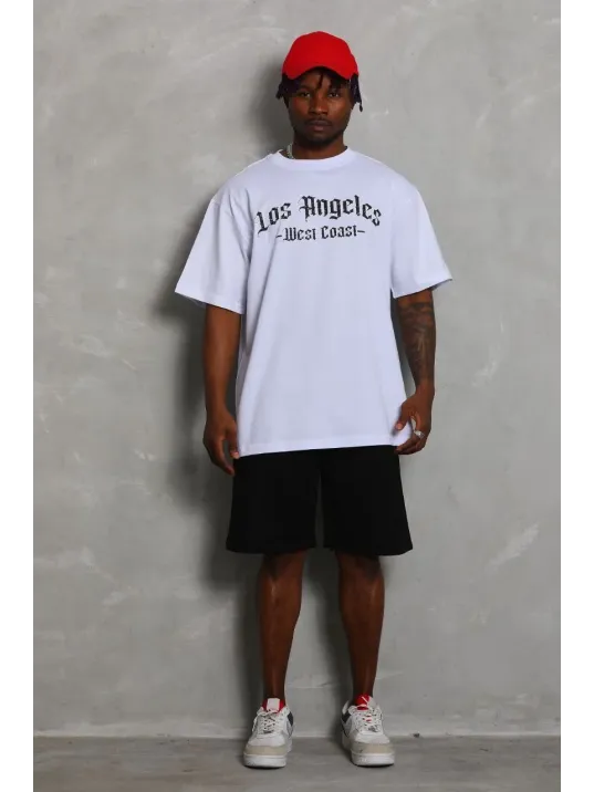 Unisex Oversize Baskılı Bisiklet Yaka T-Shirt - Beyaz Unisex Oversize Baskılı Bisiklet Yaka T-Shirt - Beyaz