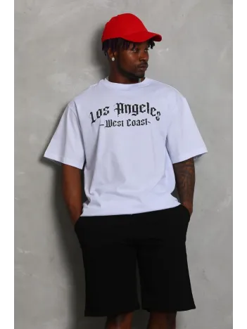 Unisex Oversize Baskılı Bisiklet Yaka T-Shirt - Beyaz