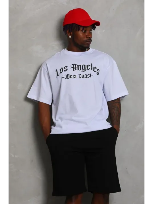 Unisex Oversize Baskılı Bisiklet Yaka T-Shirt - Beyaz Unisex Oversize Baskılı Bisiklet Yaka T-Shirt - Beyaz