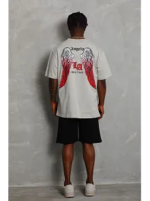Unisex Oversize Baskılı Bisiklet Yaka T-shirt - Gri