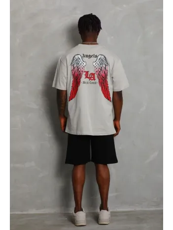 Unisex Oversize Baskılı Bisiklet Yaka T-Shirt - Gri