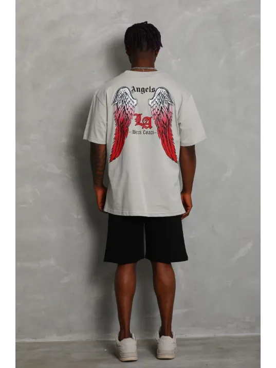 Unisex Oversize Baskılı Bisiklet Yaka T-Shirt - Gri Unisex Oversize Baskılı Bisiklet Yaka T-Shirt - Gri