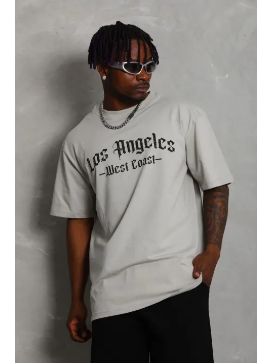 Unisex Oversize Baskılı Bisiklet Yaka T-Shirt - Gri Unisex Oversize Baskılı Bisiklet Yaka T-Shirt - Gri