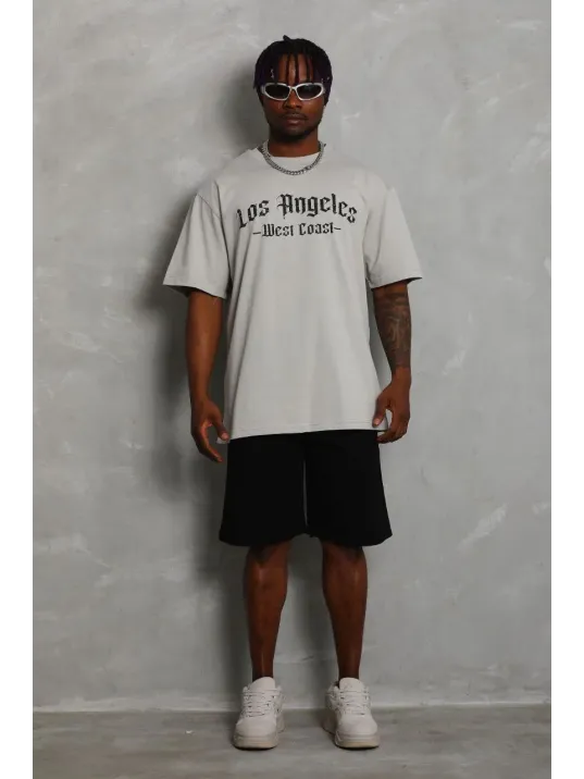 Unisex Oversize Baskılı Bisiklet Yaka T-Shirt - Gri Unisex Oversize Baskılı Bisiklet Yaka T-Shirt - Gri