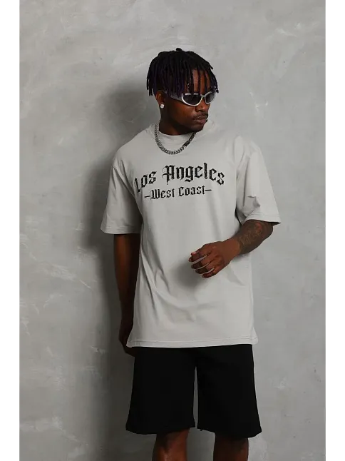 Unisex Oversize Baskılı Bisiklet Yaka T-shirt - Gri