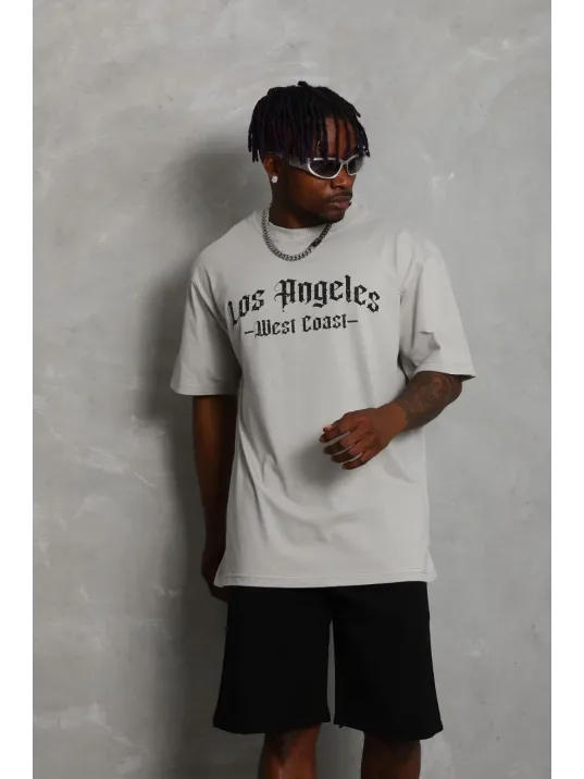 Unisex Oversize Baskılı Bisiklet Yaka T-Shirt - Gri Unisex Oversize Baskılı Bisiklet Yaka T-Shirt - Gri