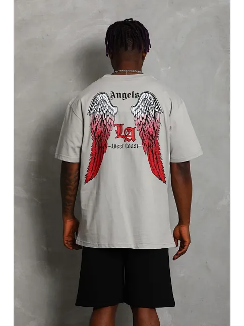 Unisex Oversize Baskılı Bisiklet Yaka T-shirt - Gri