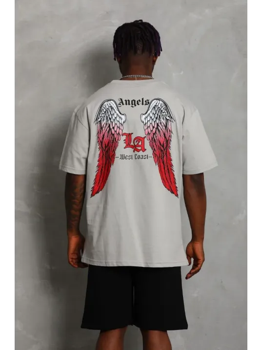 Unisex Oversize Baskılı Bisiklet Yaka T-Shirt - Gri Unisex Oversize Baskılı Bisiklet Yaka T-Shirt - Gri