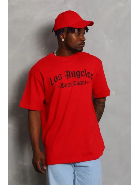 Unisex Oversize Baskılı Bisiklet Yaka T-Shirt - Kırmızı Unisex Oversize Baskılı Bisiklet Yaka T-Shirt - Kırmızı