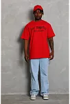 Unisex Oversize Baskılı Bisiklet Yaka T-shirt - Kırmızı