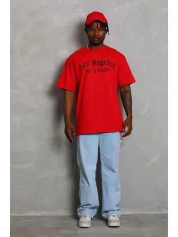 Unisex Oversize Baskılı Bisiklet Yaka T-Shirt - Kırmızı Unisex Oversize Baskılı Bisiklet Yaka T-Shirt - Kırmızı