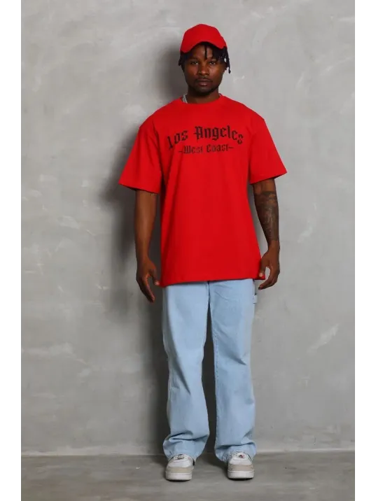 Unisex Oversize Baskılı Bisiklet Yaka T-Shirt - Kırmızı Unisex Oversize Baskılı Bisiklet Yaka T-Shirt - Kırmızı