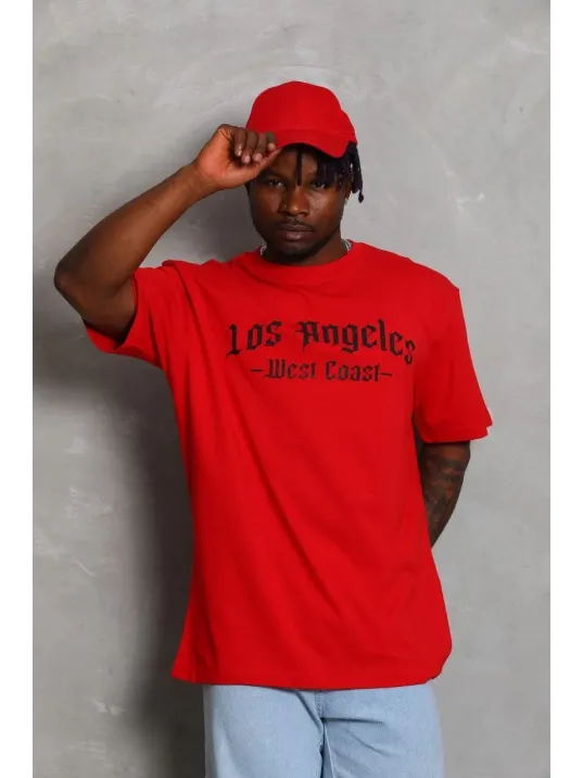 Unisex Oversize Baskılı Bisiklet Yaka T-Shirt - Kırmızı Unisex Oversize Baskılı Bisiklet Yaka T-Shirt - Kırmızı