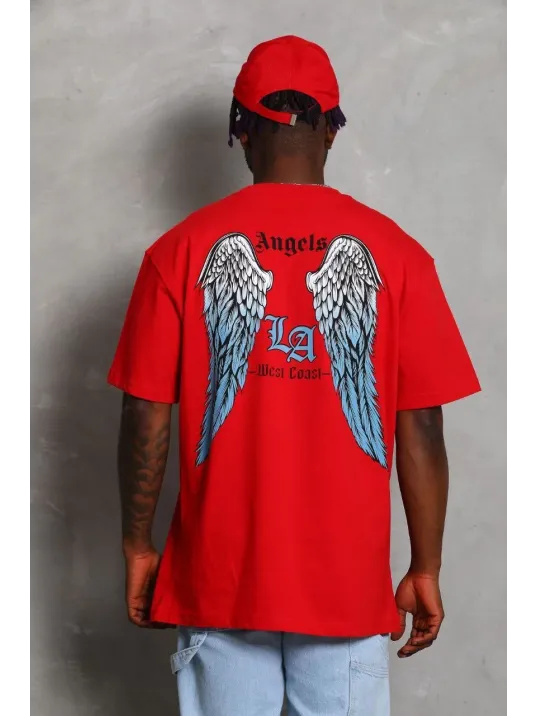 Unisex Oversize Baskılı Bisiklet Yaka T-Shirt - Kırmızı Unisex Oversize Baskılı Bisiklet Yaka T-Shirt - Kırmızı