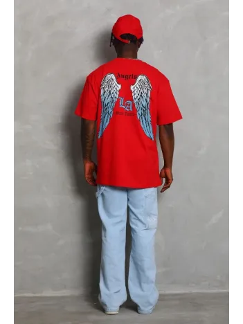 Unisex Oversize Baskılı Bisiklet Yaka T-Shirt - Kırmızı