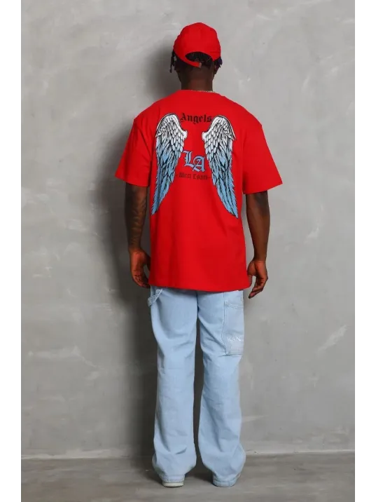 Unisex Oversize Baskılı Bisiklet Yaka T-Shirt - Kırmızı Unisex Oversize Baskılı Bisiklet Yaka T-Shirt - Kırmızı