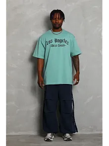 Erkek Baskılı Tişort Kısa Kol Bisiklet Yaka Ovarsize T-shirt -  Mint Yeşili