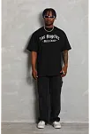 Unisex Oversize Baskılı Bisiklet Yaka T-shirt - Siyah