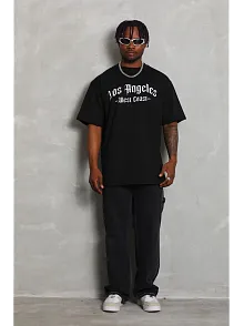 Unisex Oversize Baskılı Bisiklet Yaka T-shirt - Siyah