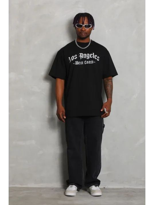 Unisex Oversize Baskılı Bisiklet Yaka T-Shirt - Siyah Unisex Oversize Baskılı Bisiklet Yaka T-Shirt - Siyah