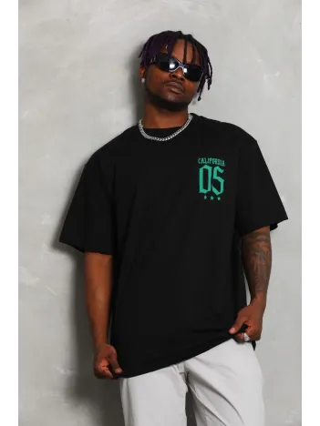 Unisex Oversize Baskılı Bisiklet Yaka T-Shirt - Siyah