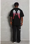Unisex Oversize Baskılı Bisiklet Yaka T-shirt - Siyah