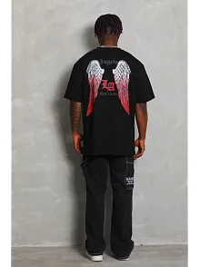 Unisex Oversize Baskılı Bisiklet Yaka T-shirt - Siyah