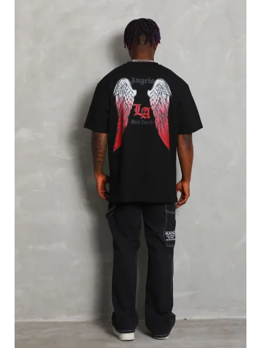 Unisex Oversize Baskılı Bisiklet Yaka T-Shirt - Siyah