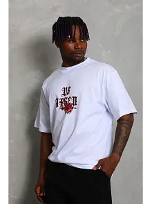 Erkek Oversize Baskılı Bisiklet Yaka T-shirt - Beyaz