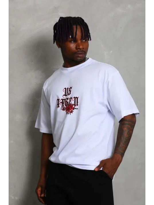 Unisex Oversize Baskılı Bisiklet Yaka T-Shirt - Beyaz Unisex Oversize Baskılı Bisiklet Yaka T-Shirt - Beyaz