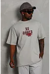 Unisex Oversize Baskılı Bisiklet Yaka T-shirt - Gri