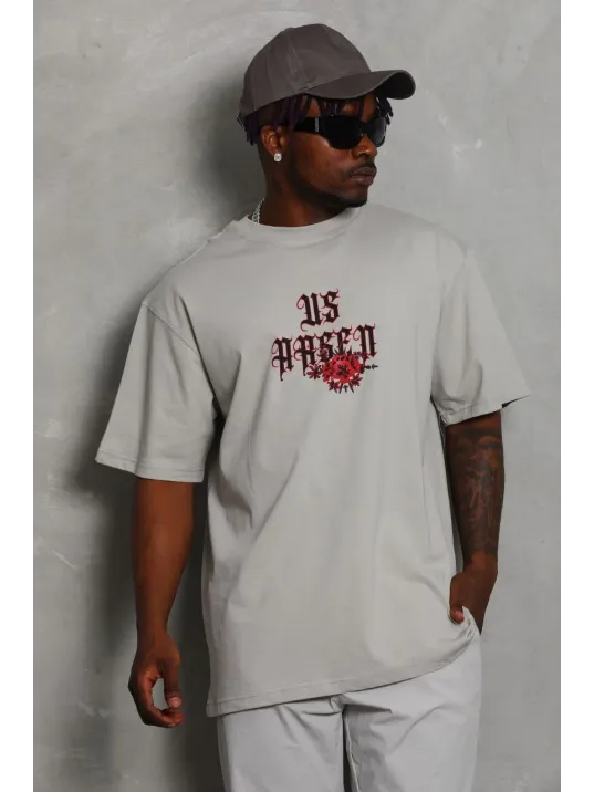 Unisex Oversize Baskılı Bisiklet Yaka T-Shirt - Gri