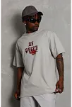 Unisex Oversize Baskılı Bisiklet Yaka T-shirt - Gri