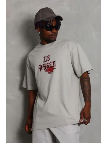 Unisex Oversize Baskılı Bisiklet Yaka T-Shirt - Gri Unisex Oversize Baskılı Bisiklet Yaka T-Shirt - Gri