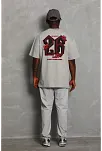Unisex Oversize Baskılı Bisiklet Yaka T-shirt - Gri