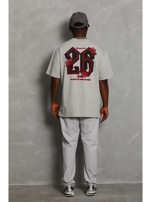 Unisex Oversize Baskılı Bisiklet Yaka T-shirt - Gri