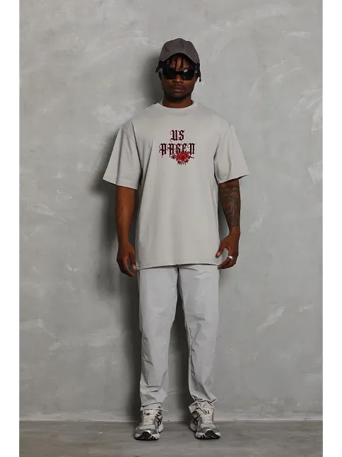 Unisex Oversize Baskılı Bisiklet Yaka T-shirt - Gri