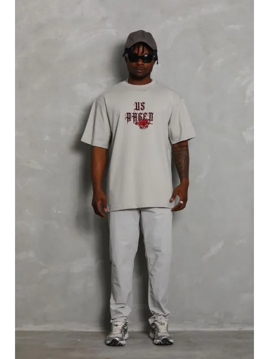 Unisex Oversize Baskılı Bisiklet Yaka T-Shirt - Gri