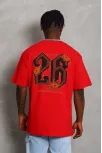 Unisex Oversize Baskılı Bisiklet Yaka T-shirt - Kırmızı
