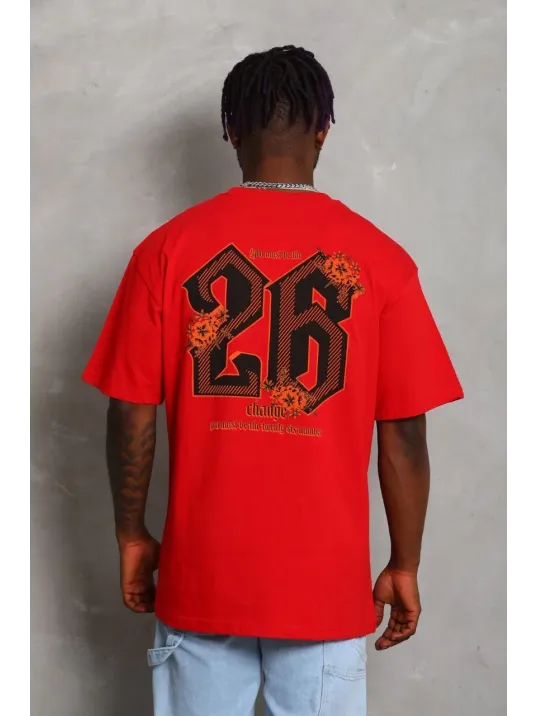 Unisex Oversize Baskılı Bisiklet Yaka T-Shirt - Kırmızı Unisex Oversize Baskılı Bisiklet Yaka T-Shirt - Kırmızı