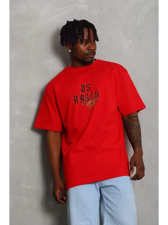 Unisex Oversize Baskılı Bisiklet Yaka T-Shirt - Kırmızı Unisex Oversize Baskılı Bisiklet Yaka T-Shirt - Kırmızı