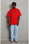 Unisex Oversize Baskılı Bisiklet Yaka T-shirt - Kırmızı