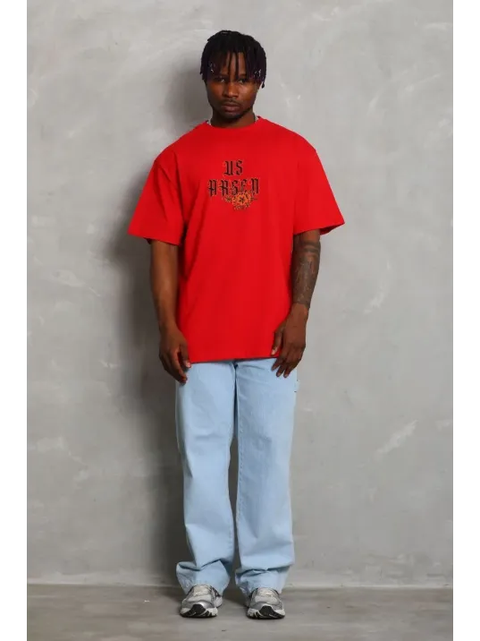 Unisex Oversize Baskılı Bisiklet Yaka T-Shirt - Kırmızı Unisex Oversize Baskılı Bisiklet Yaka T-Shirt - Kırmızı