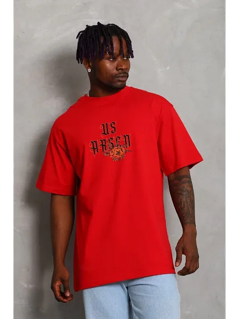 Unisex Oversize Baskılı Bisiklet Yaka T-shirt - Kırmızı